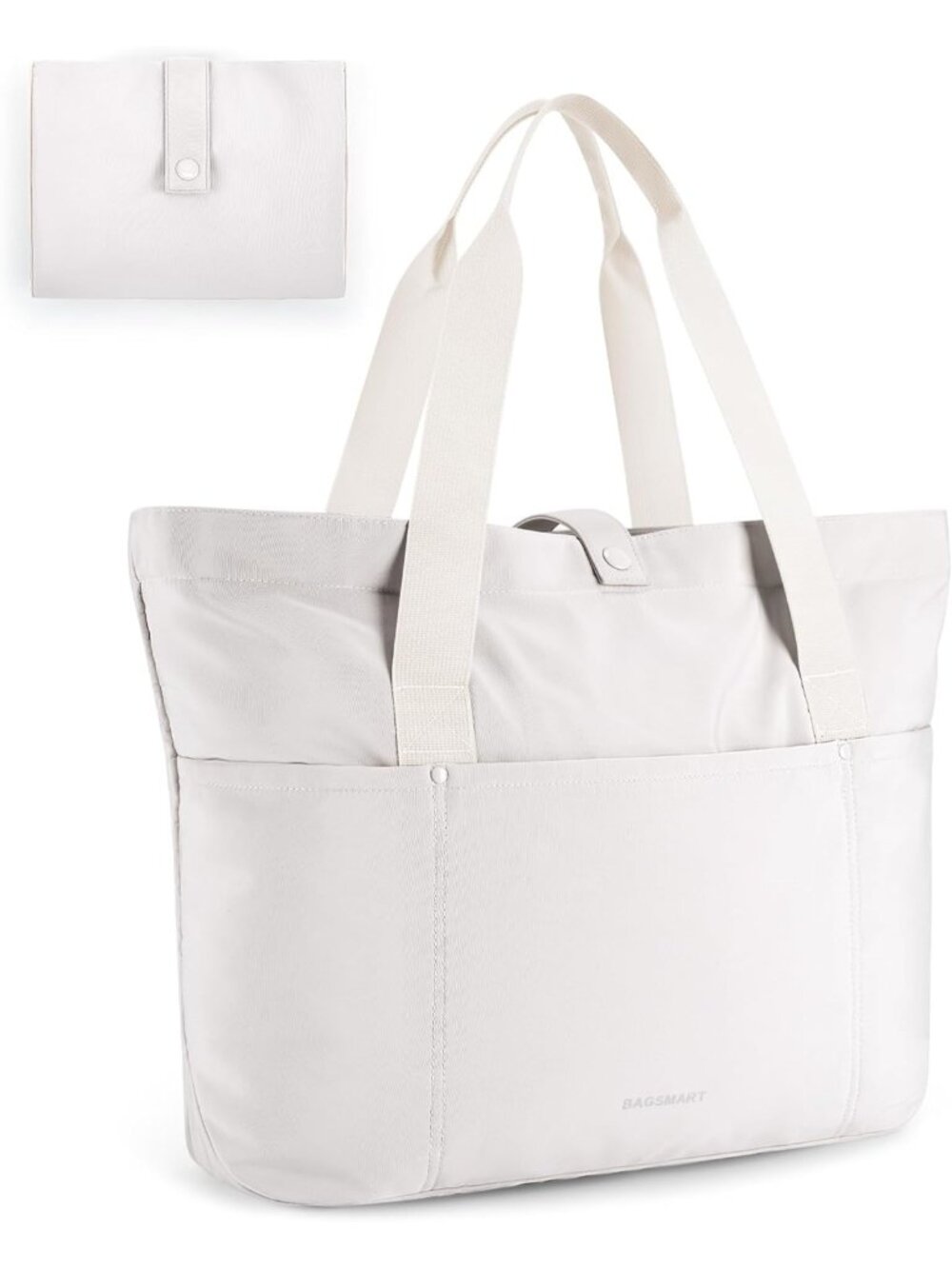 Women Beige Large Foldable Tote Bag Zipper Travel Work Shoulder Bag